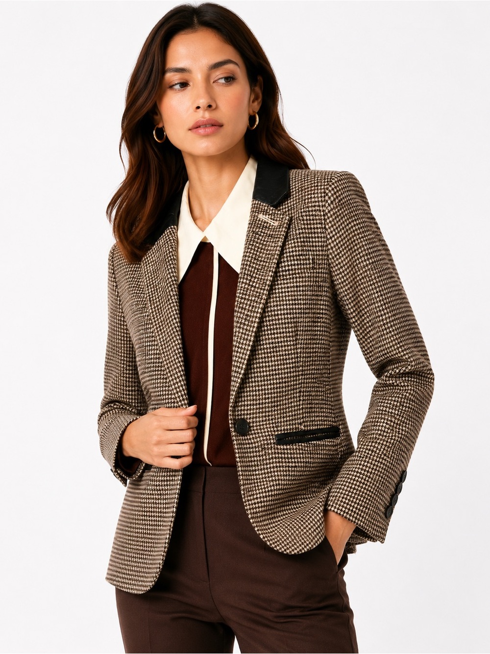 Club Monaco Houndstooth Leather Collar Blazer Tailored Career Jacket - Picture 6 of 7